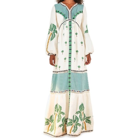 FARM Rio Dresses & Skirts - NWT Farm Rio Palm Tree Embroidered Maxi Dress Off White Green S